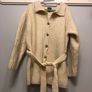 L.L. Bean Cream Cable Knit Button-Front Cardigan with Belt